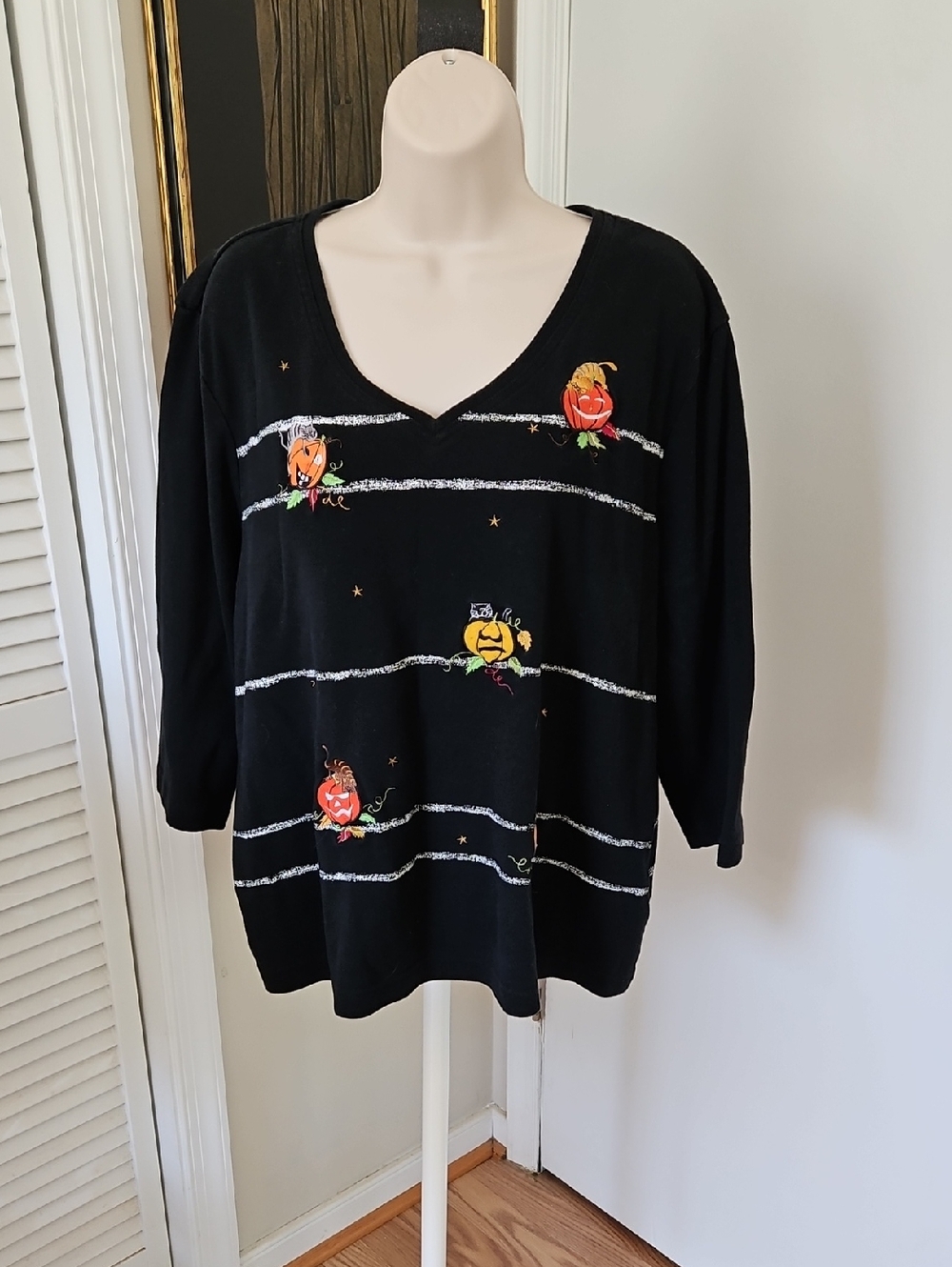 Onque Woman Cat & Pumpkin Embroidered Halloween Top Size 2X